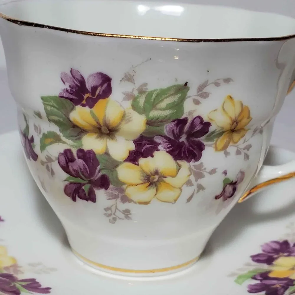 Old Royal Demitasse (Small) Teacup and Saucer Purple Yellow Flowers Vintage